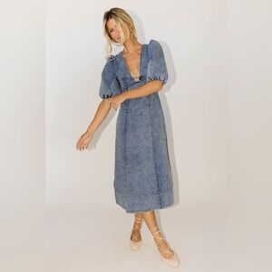 Denim Midi Dress with Puff Sleeves - Blue